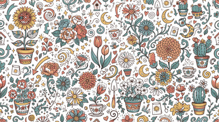 Colorful floral pattern with sunflowers and potted plants sunflowers colorful botanical background illustration handdrawn artistic repeating ornamental cactuses textures crescent © creative zone