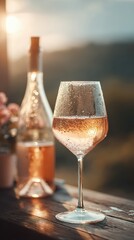 Obraz premium A chilled glass of rosé wine sparkles in golden sunset light. Condensation beads on the glass evoke a refreshing, elegant summer moment outdoors.