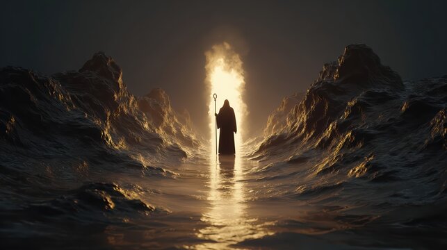 A dramatic silhouette of Moses parting the sea at night with glowing light. Powerful biblical scene capturing the miracle and epic escape of the Exodus journey.