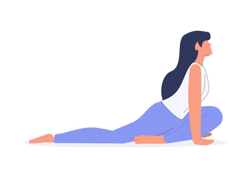 Half Pigeon Pose yoga illustration featuring a woman practicing a flexibility and hip opening exercise. Yoga fitness