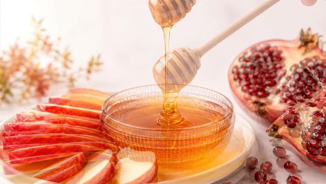 Slow motion of thick golden honey drizzling from a wooden dipper into a glass bowl, surrounded by fresh apple slices and pomegranate for Rosh Hashanah.