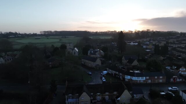Sunrise Over Barton Seagrave Village Rooftops Aerial View Northamptonshire English Countryside
