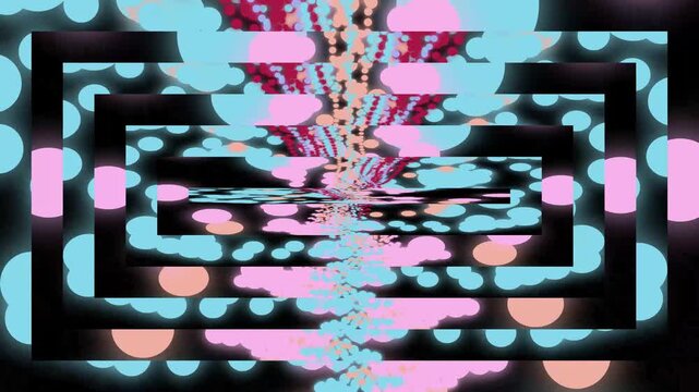 Digital abstract tunnel featuring pink and cyan circles within nested dark frames, creating a vibrant psychedelic perspective
