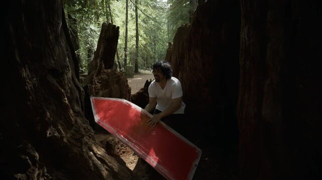 Man Spinning Painted Boards Between Redwood Trunks - Tilt, Steady Cam Shot