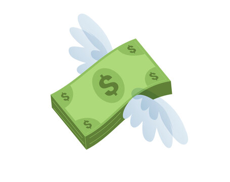 Dollar emoji with wings and cash stack representing fast money, financial growth, income and wealth. Perfect for banking