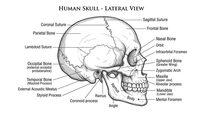 Human Skull Lateral View Anatomy Diagram with Labels - Medical Illustration