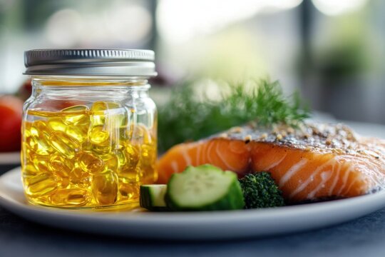 Omega supplement jar, salmon fillet, healthy meal, fresh vegetable, close up, glass jar