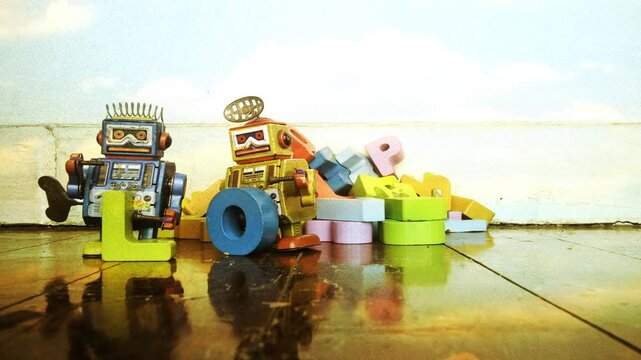 Two retro robot toys say love with wooden letters stop motion 