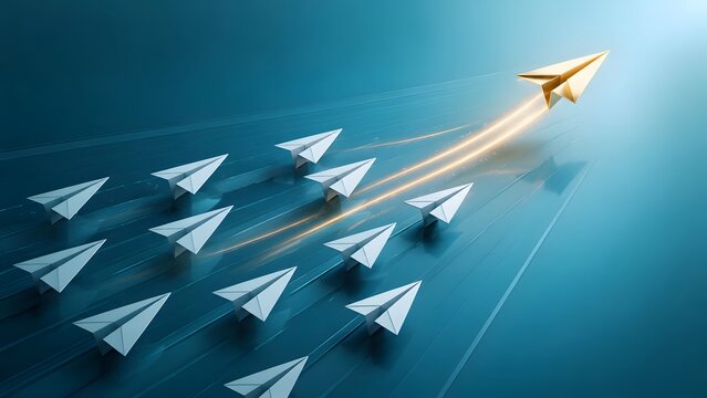 Glowing golden paper airplane leading the pack over reflective blue surface representing corporate vision unique strategy and competitive advantage.