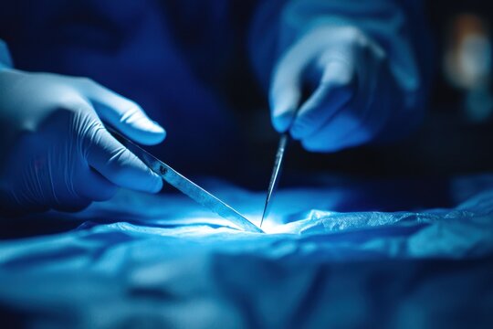 Surgical scalpel cutting sterile fabric in blue operating room with gloved hand, medical procedure and precise surgery