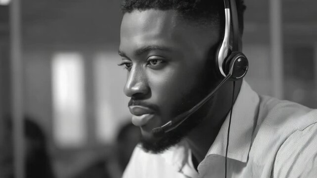 Young African American male wearing black headphones and sitting at desk.