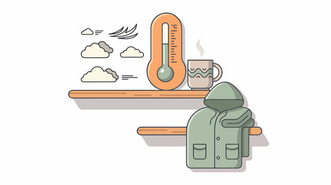 Illustration of winter clothing and weather icons on shelf.