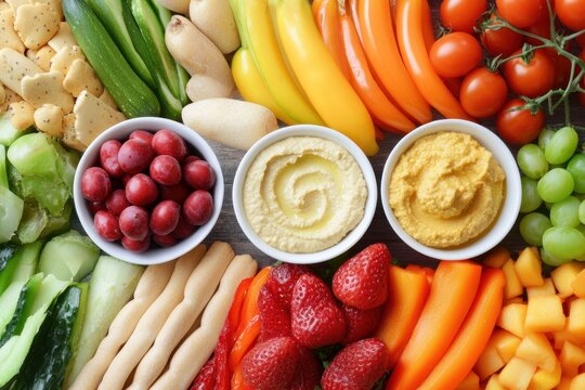 Healthy snack fresh vegetable fruit platter dipping sauce colorful assortment raw produce vegan food nutritious snack appetizer tray food background