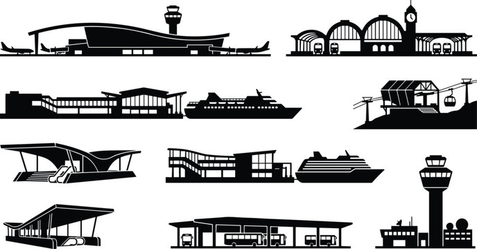 Transportation hubs and terminal buildings silhouettes set including airport railway station bus terminal and port.