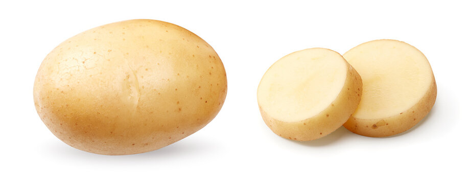 sliced raw potato isolated on white background. clipping path