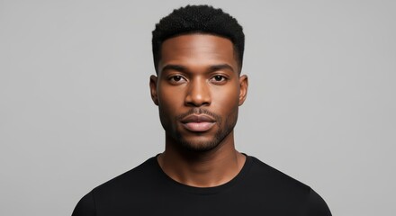 Obraz premium Portrait of a Confident Young Black Man with a Serious Expression and Short Haircut on a Grey Background