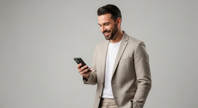 Smiling Young Businessman in Beige Blazer Using Smartphone for Communication and Social Media on Neutral Gray Background
