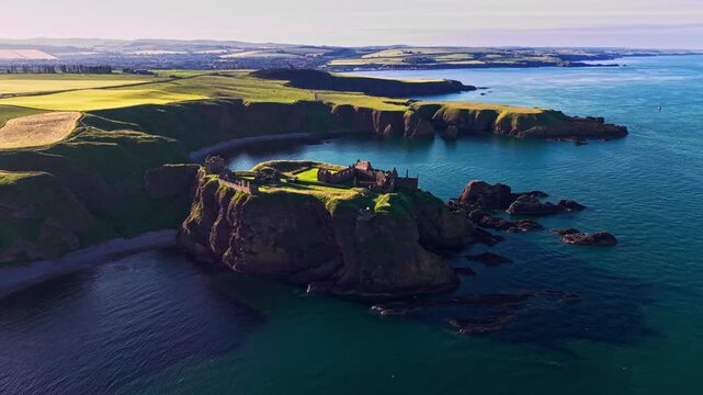 Aerial view of Dunnottar Castle ruins on dramatic sea cliffs at sunset on the Aberdeenshire coast, Scotland, with blue ocean and rugged shoreline. 4K UHD video.