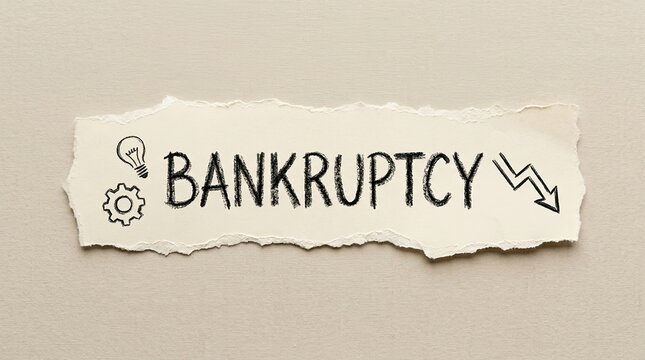 Torn paper with bankruptcy text and icons on beige background