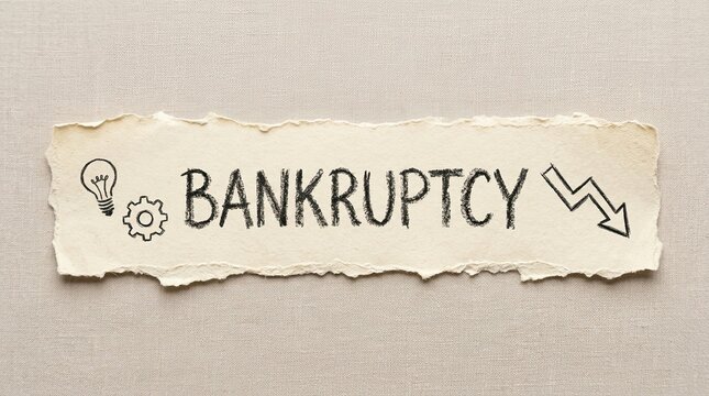 Torn paper with bankruptcy text and icons on beige background
