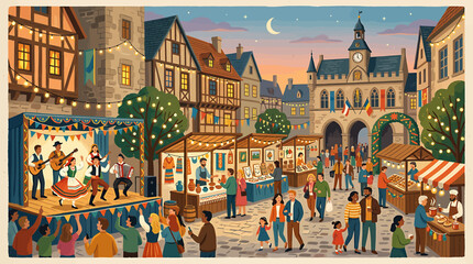 Vibrant European Town Square with Market and Music. © Tika