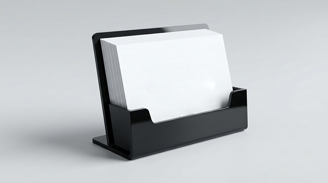 White flyers stack mockup in black glass plastic holder isolated on light grey background