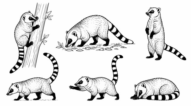 Coati collection in various poses, hand-drawn animal illustration