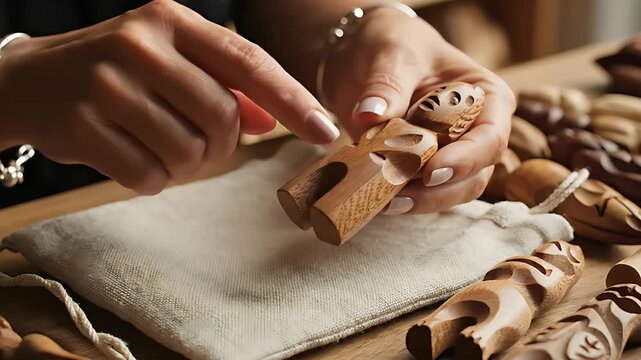 Woman's hands examining handcrafted wooden figurines on a rustic workshop table. Close-up of an artisan holding carved wooden statues next to a small linen drawstring pouch. Craftsmanship concept.