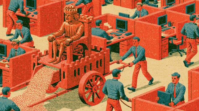 Satirical Corporate Feudalism Illustration of Salaryman Workers Toiling in Cubicle Rows
