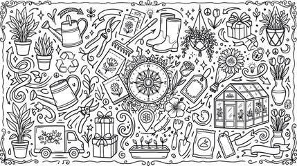 Obraz premium Comprehensive black and white gardening doodle set featuring tools plants greenhouse and hobby elements hand drawn gardening greenhouse illustration collection botanical watering