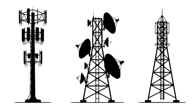 Silhouette of three different cell phone towers isolated on white background