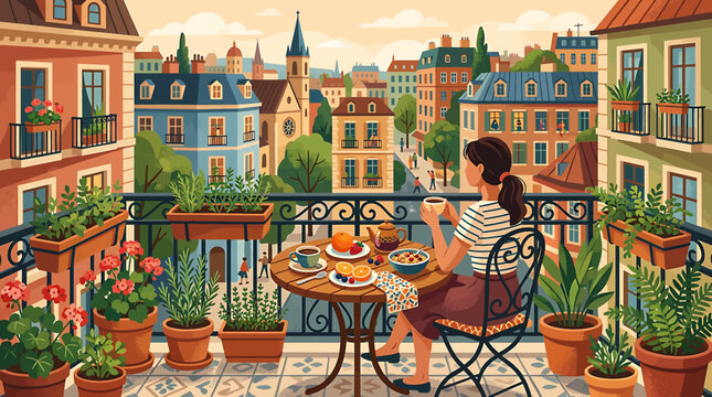 Woman enjoying breakfast on a sunny balcony in Paris.