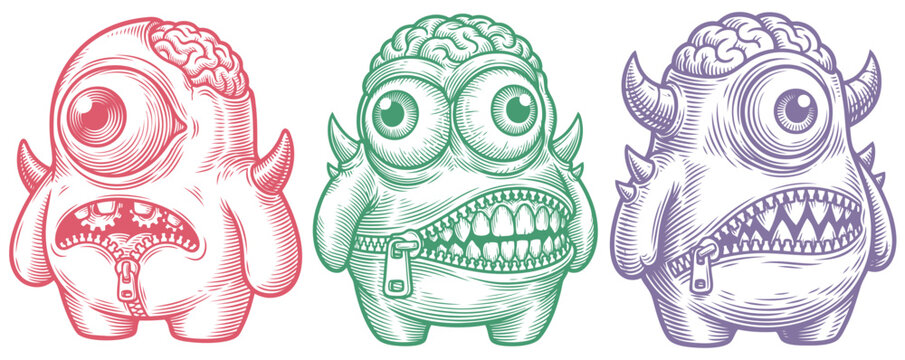 Set of vector engraving style monster characters with exposed brains, horns, and zipper mouths. Red, green, and purple creepy creatures.