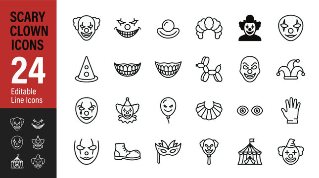 Scary clown icon set. Containing evil clown face, smile, nose, wig, hat, jester, balloon dog, scary balloon, ruff, eyes, glove, boot, mask, circus tent, makeup. Editable line icons. Vector illustratio