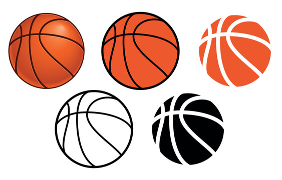 basketball ball - set of color and black and white vector illustration, white background