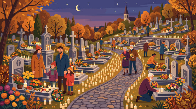 Autumn evening cemetery with glowing candles and visitors.