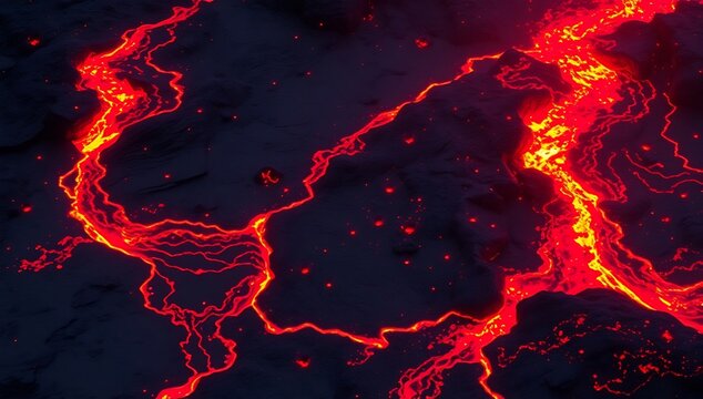 Glowing molten lava flows over dark volcanic rock terrain