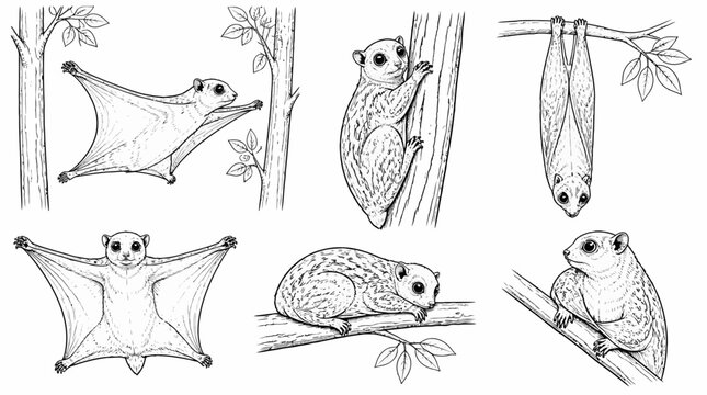 Sugar Glider Collection Drawing in Various Poses on Branches