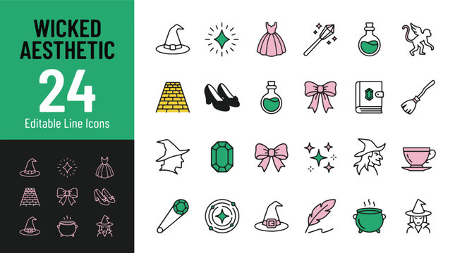 Wicked aesthetic icon set featuring witch hat, magic wand, potion, flying monkey, yellow brick road, ruby slippers, broomstick, emerald, cauldron, and spellbook. Editable line icons. Vector illustrati