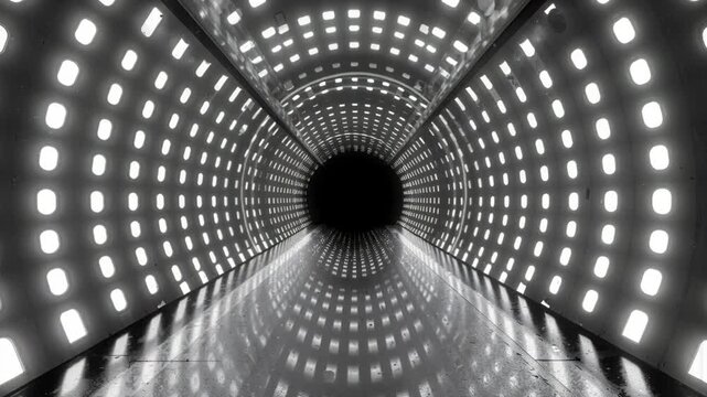 Futuristic tunnel as infinite digital glowing patterns Symmetrical pathway perspective leading towards unknown destination.