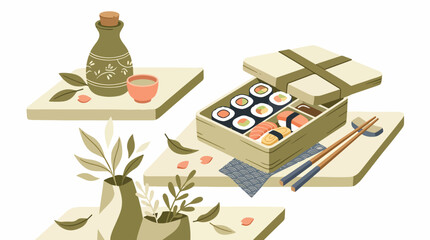 Traditional Japanese sushi bento box with chopsticks and soy sauce. © Cowok