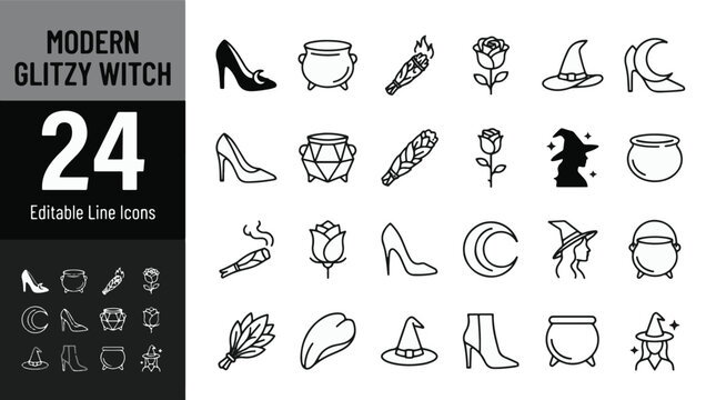 Modern glitzy witch icon set. Containing high heels, cauldron, sage bundle, rose, witch hat, moon, silhouette, boot, smudge stick, stars. Linear outline collection. Editable stroke vector illustration