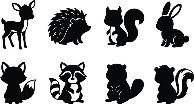 Set of cute forest animal silhouettes featuring deer hedgehog squirrel and rabbit isolated on white background