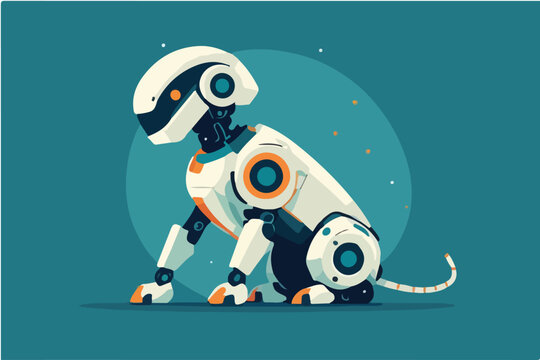 Modern robotic dog vector illustration featuring sleek white and orange mechanical design elements set against a soft teal circular background