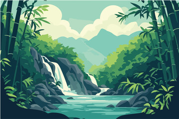 Flat vector illustration featuring a beautiful tropical waterfall cascading down rocky cliffs surrounded by lush green bamboo forest mountain scenery © hadi