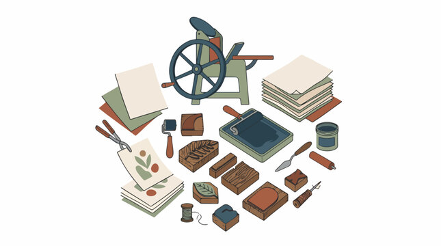 Vintage printing press with books and ink supplies.