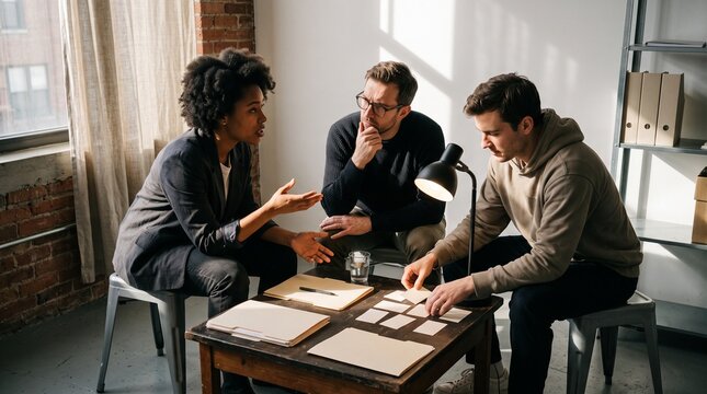 Three Startup Founders Reframing Plan In Sunlit Minimal Studio