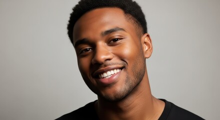 Obraz premium Portrait of a Happy Young African American Man Smiling Confidently Against a Neutral Studio Background