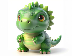 Fototapeta premium A cute green dinosaur with spikes and big eyes stands smiling