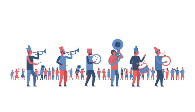 Colorful marching band musicians play various instruments while walking in a parade formation during an outdoor musical celebration.
